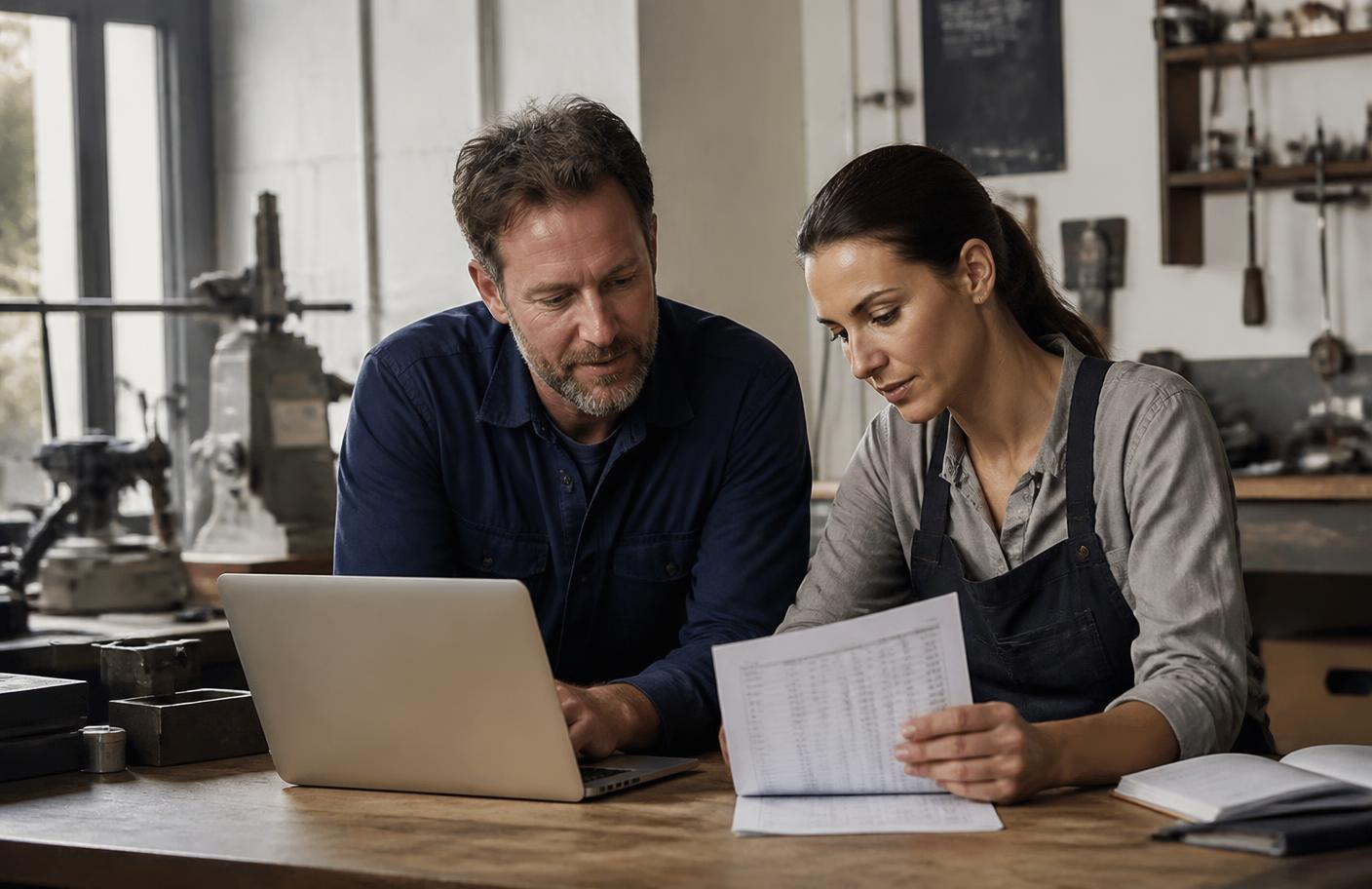 Two small business owners reviewing figures together at a workbench